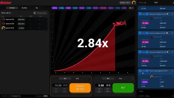 Aviator round in progress at 2.84x with the live bets list and cash-out button