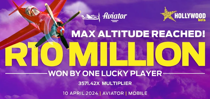 Hollywoodbets banner announcing a R10 million Aviator win at 3571.42x